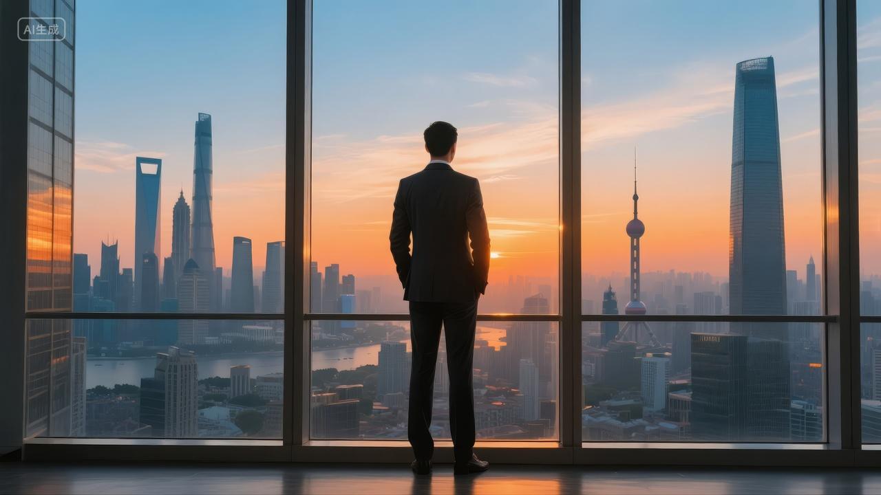 商务男士俯瞰城市夜景金融中心成功背景