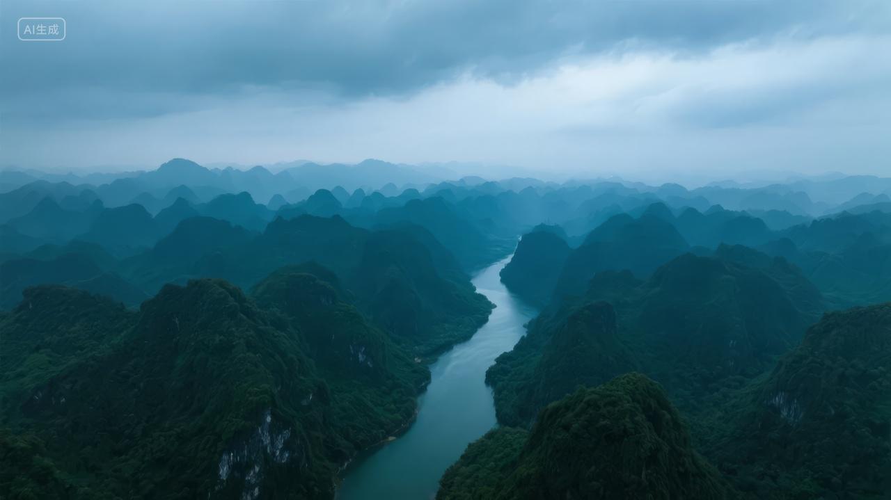 桂林山水漓江水墨画意境航拍自然风景背景
