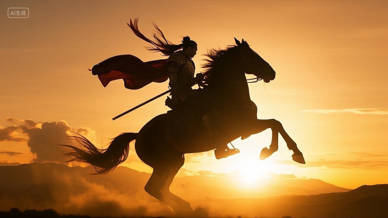 夕阳下古装人物骑马剪影