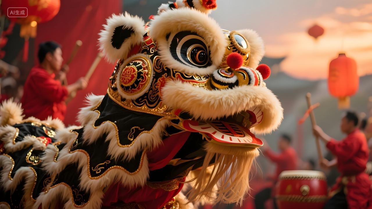 春节节日白色舞狮表演中国民间传统庆典活动