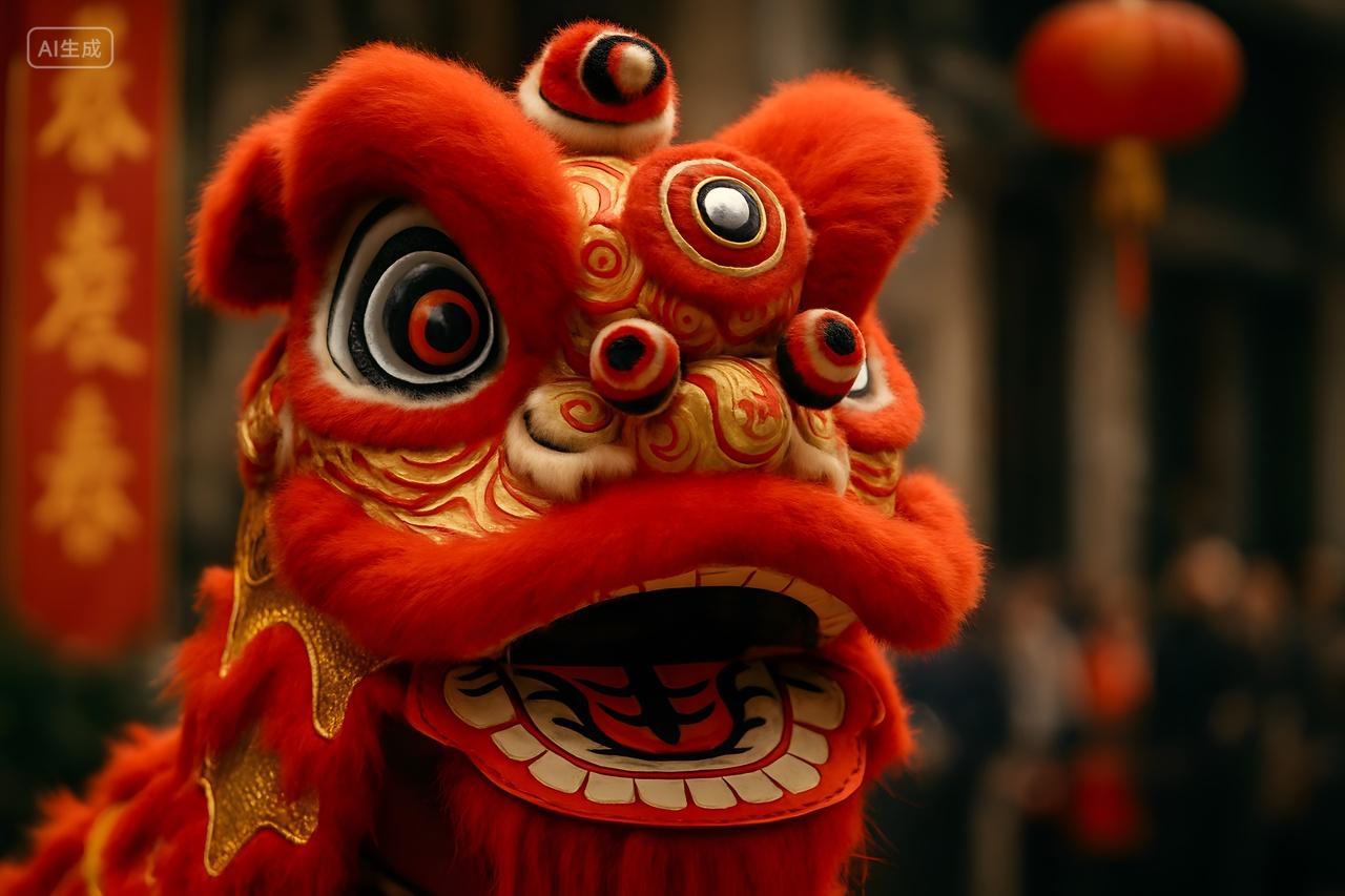 春节节日舞狮狮头特写中国民间传统非遗文化