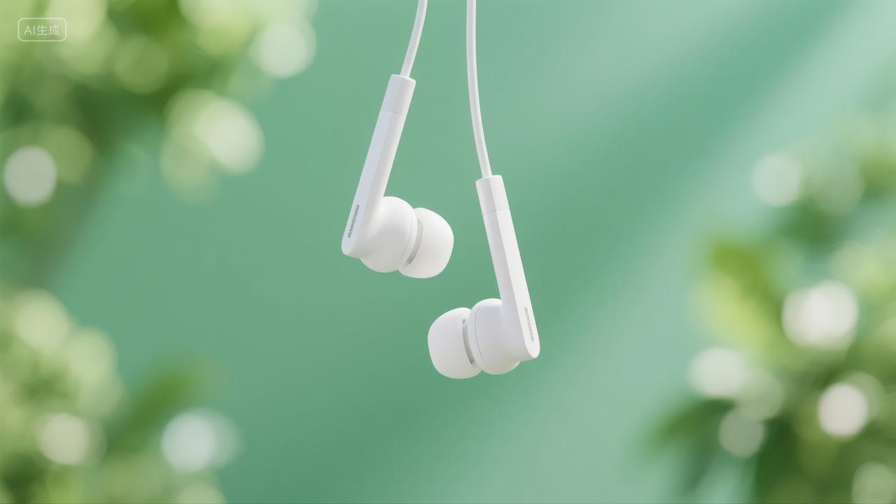 白色耳机绿叶背景音乐数码产品简约背景