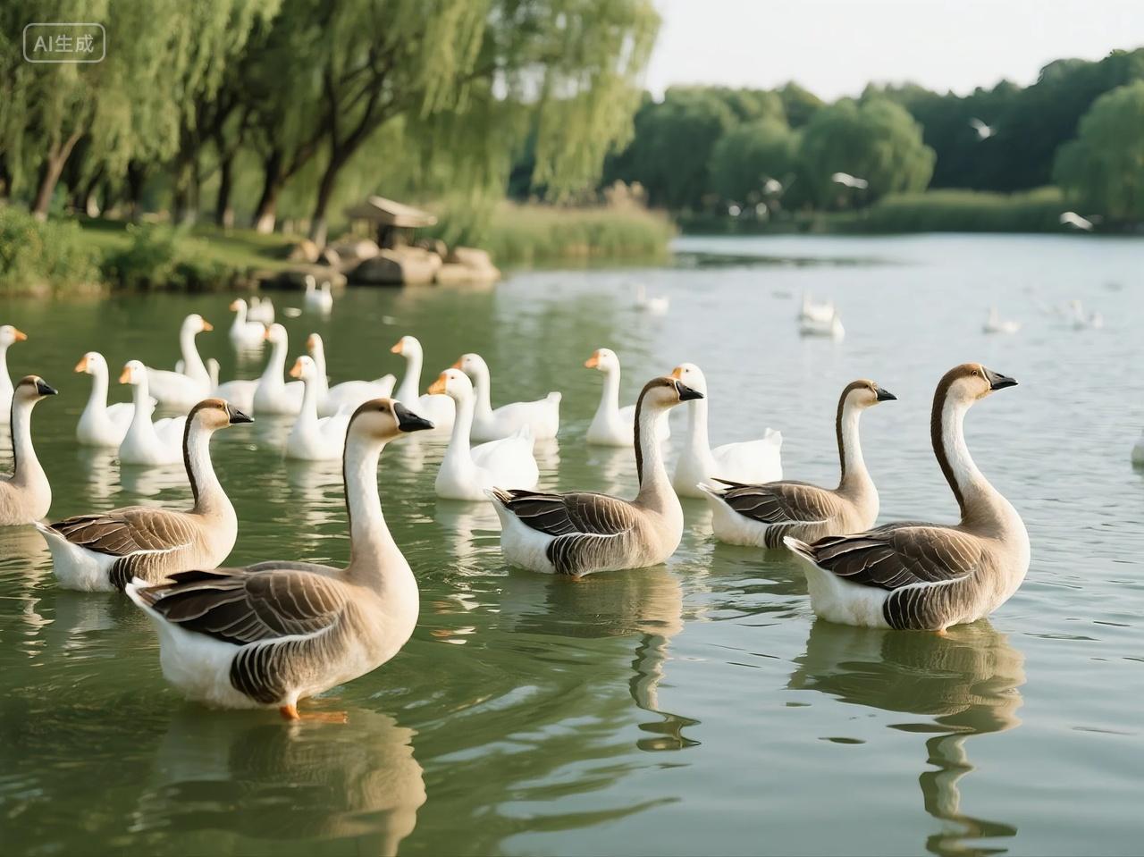 农家乐湖面鹅群摄影图