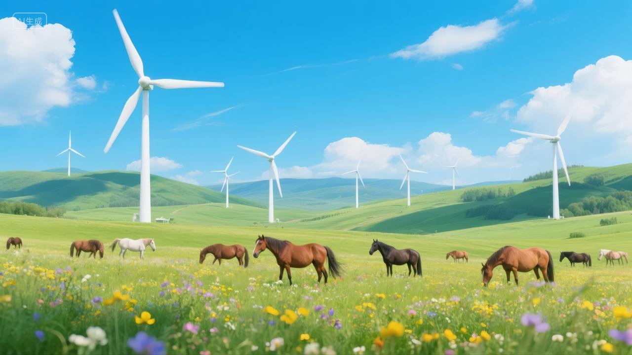 地球日风力发电草原马群新能源环保背景图
