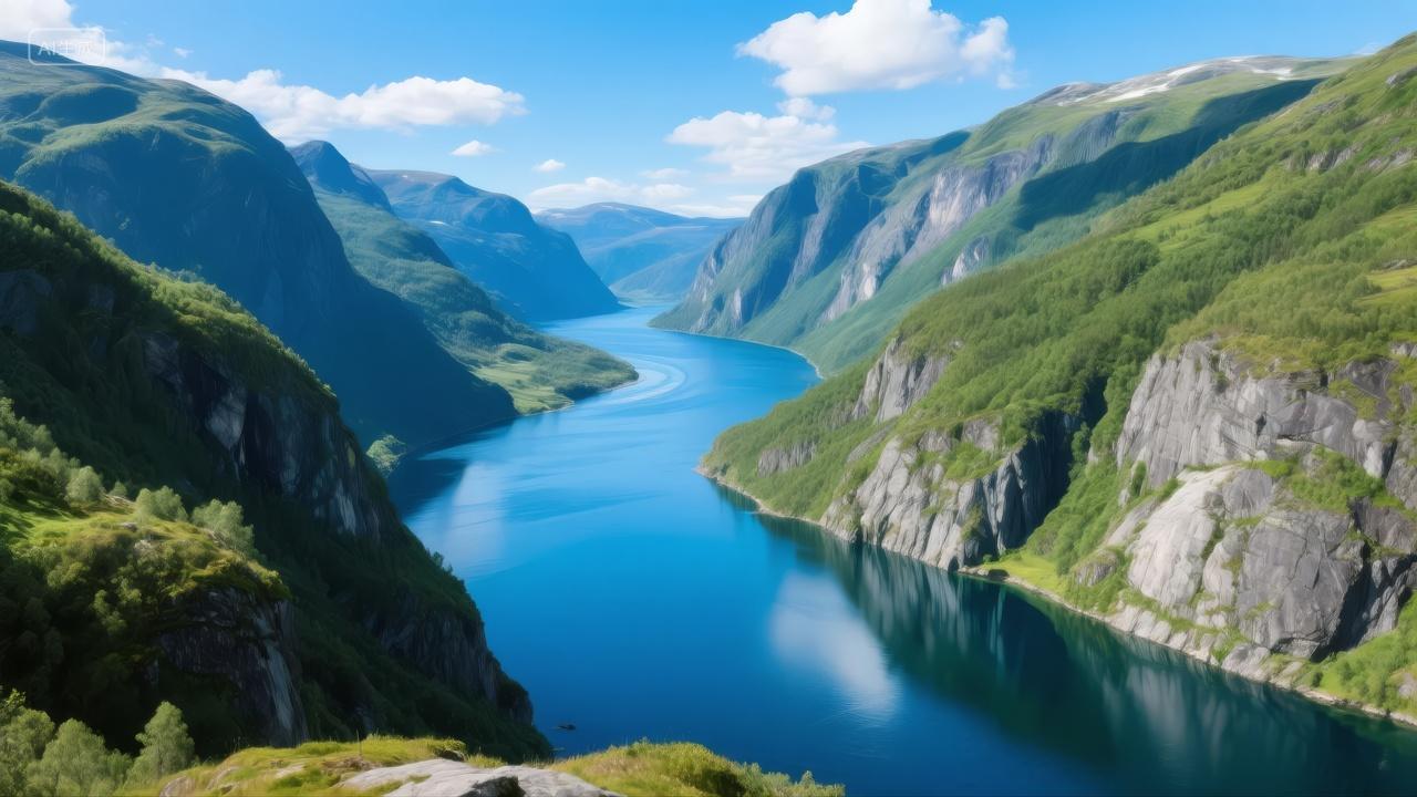 挪威峡湾游轮壮丽山水自然风光旅游背景图