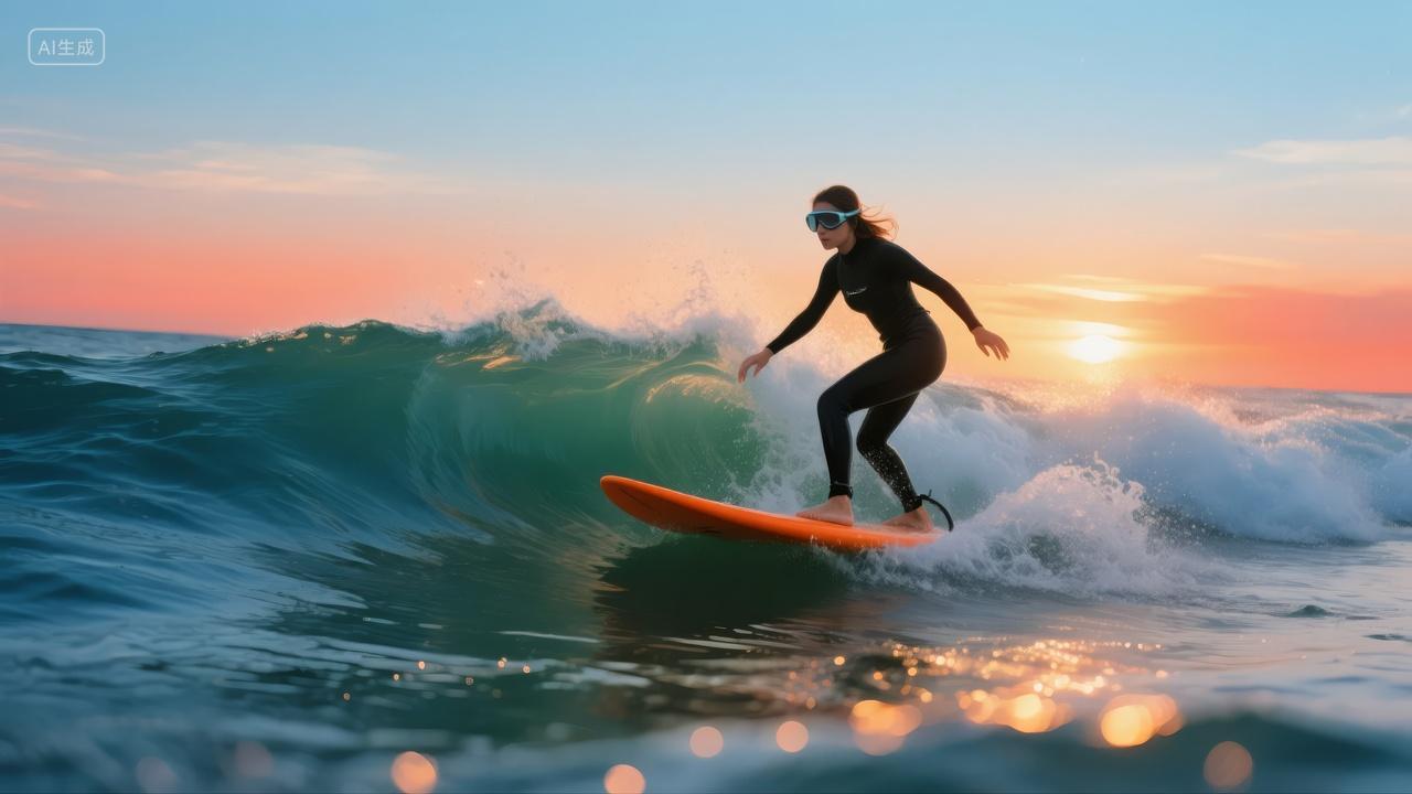 女子冲浪运动海浪日落极限挑战生活方式背景