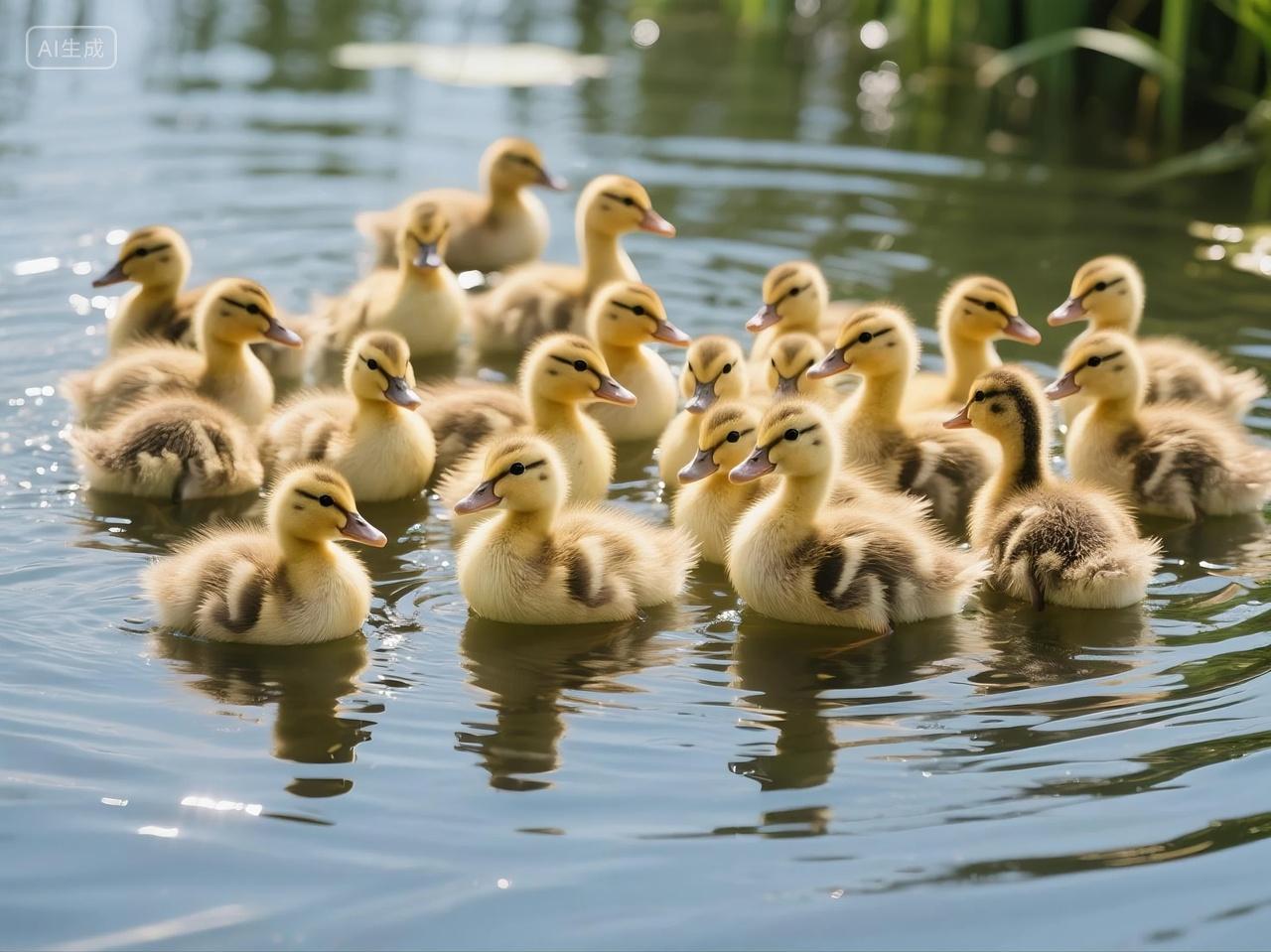 池塘成群鸭苗摄影图