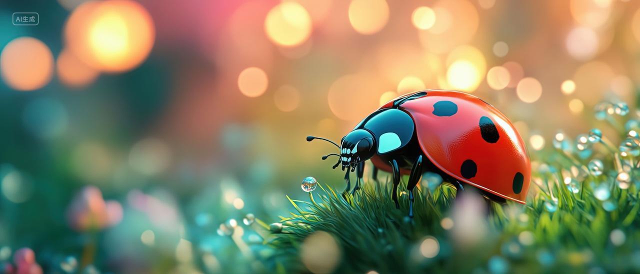 一只七星瓢虫在草地上圳珠光斑二十四节气海报背景