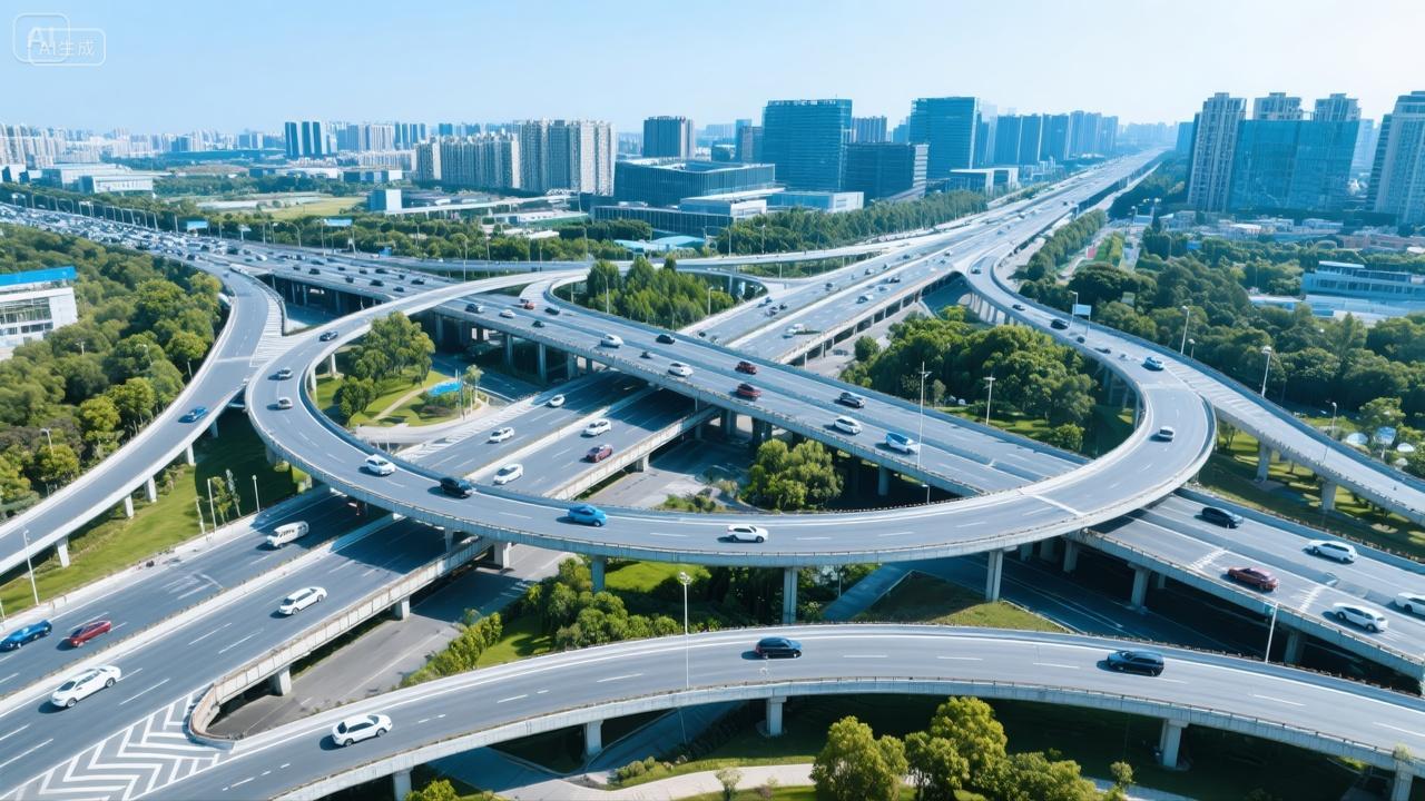 城市立交桥交通网络航拍现代都市发展背景