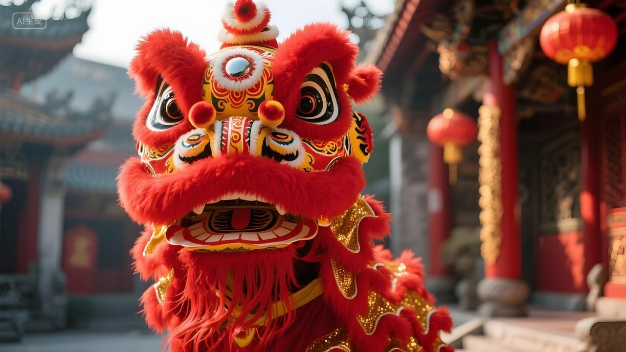 春节节日红色舞狮庙前庆典中国民间传统文化非遗表演