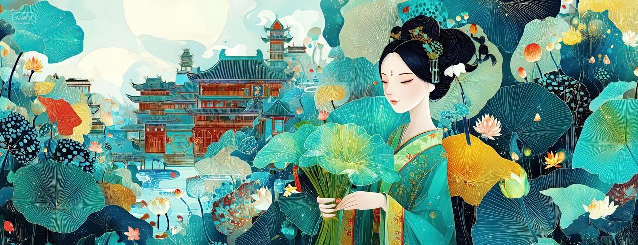 一个女人拿着一束荷叶国潮古风二十四节气商业包装海报背景