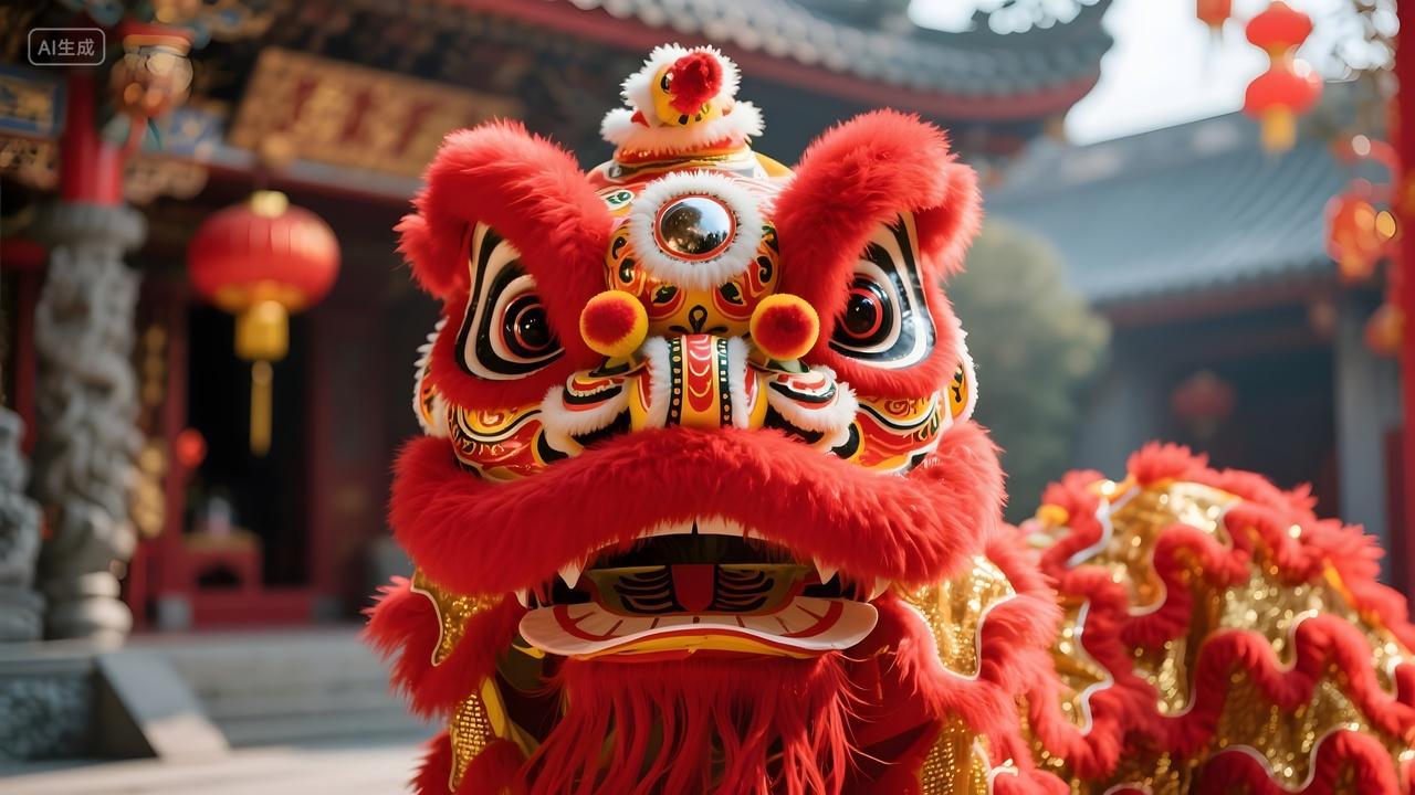 春节节日红色舞狮正面特写庙宇背景中国民间传统文化