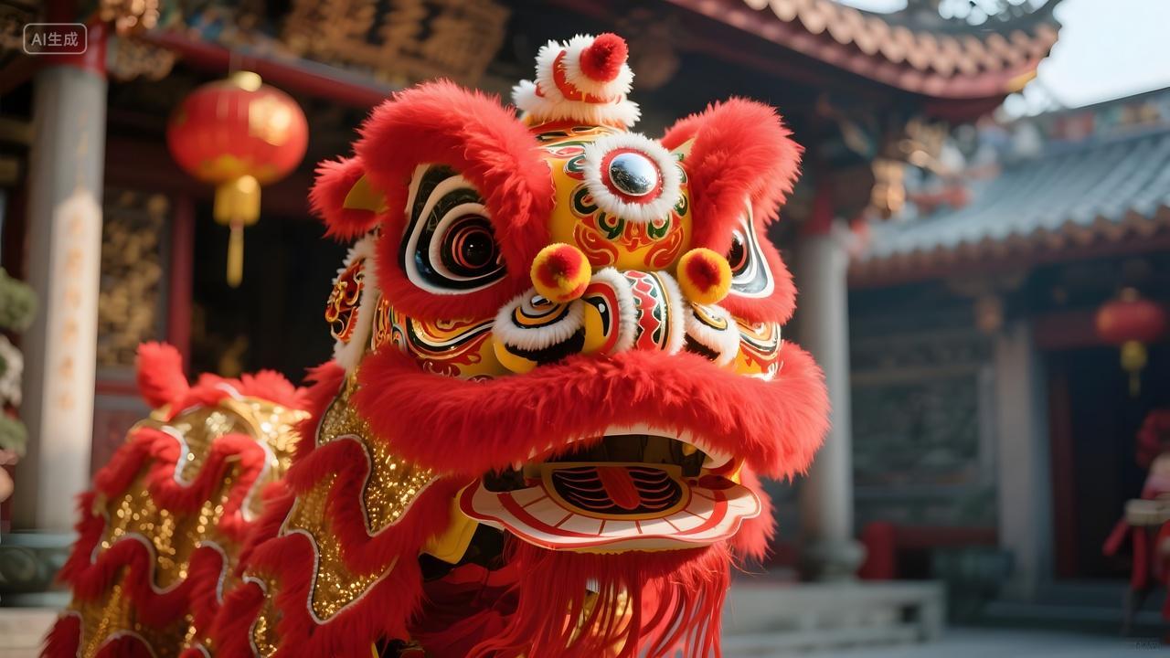 春节节日红色舞狮庙宇前表演中国民间传统文化