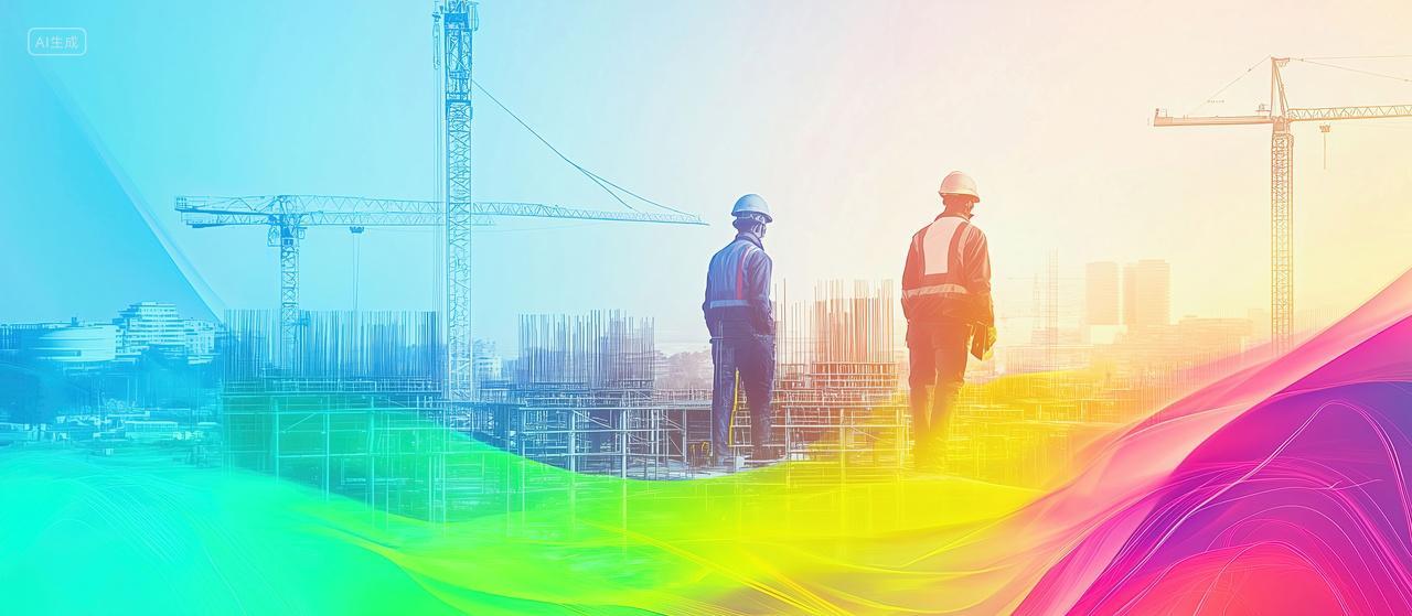 两个建筑工作站在城市工地上的背影流动渐变安全宣传海报背景