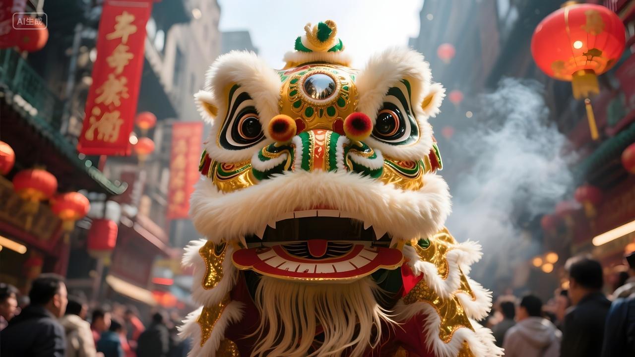 春节节日舞狮正面特写热闹庙会中国民间传统文化