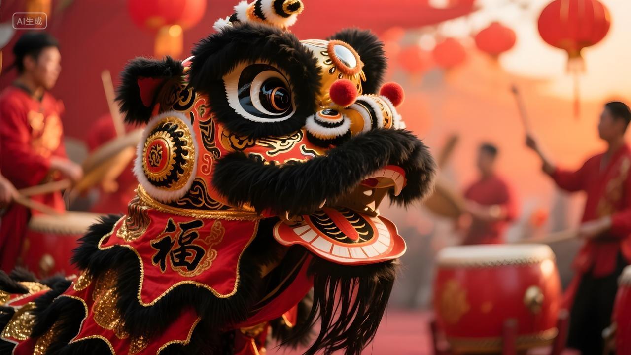 春节节日黑色舞狮锣鼓表演中国民间传统非遗文化