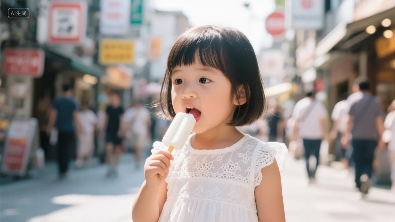 夏至节气女孩吃冰淇淋街头生活场景背景