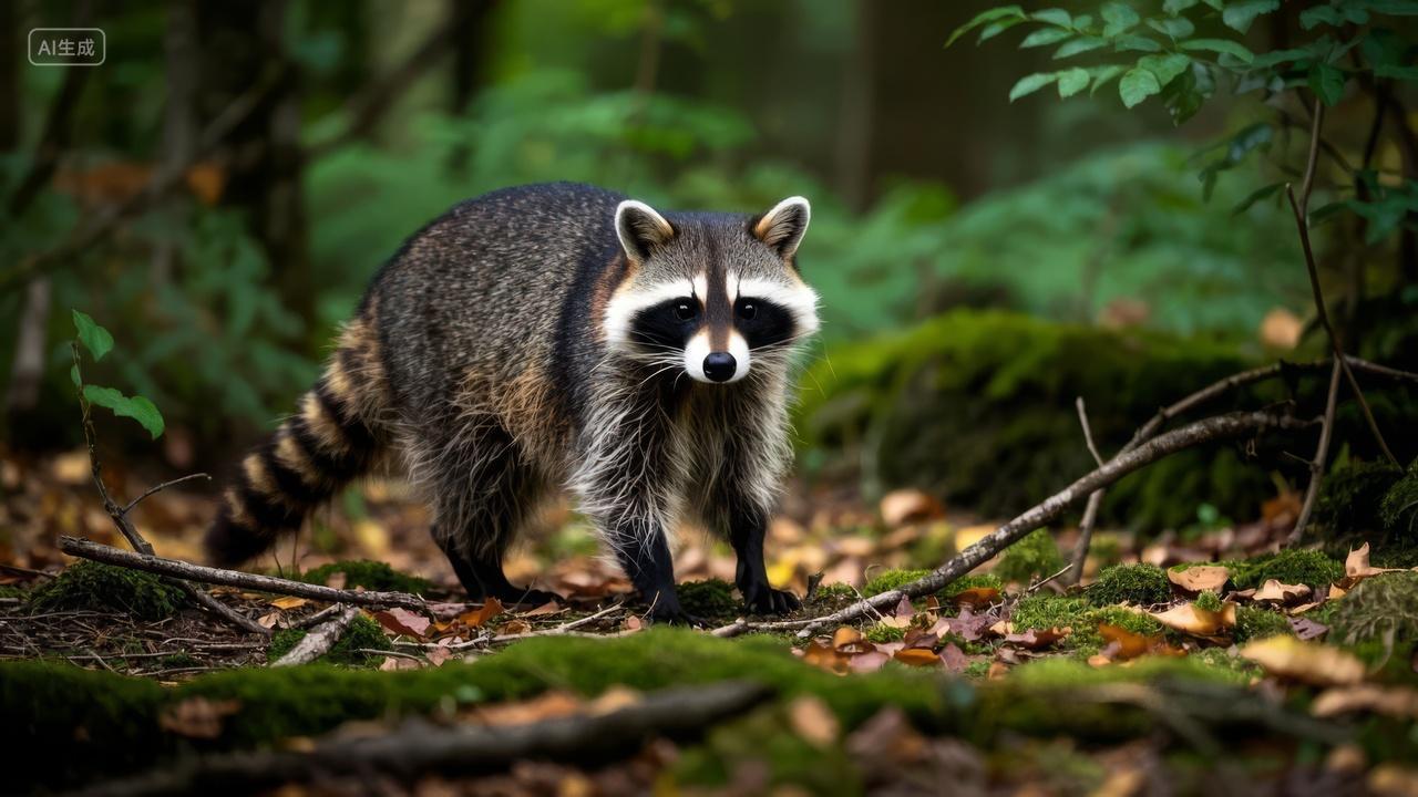 森林浣熊野生动物可爱表情自然生态背景图