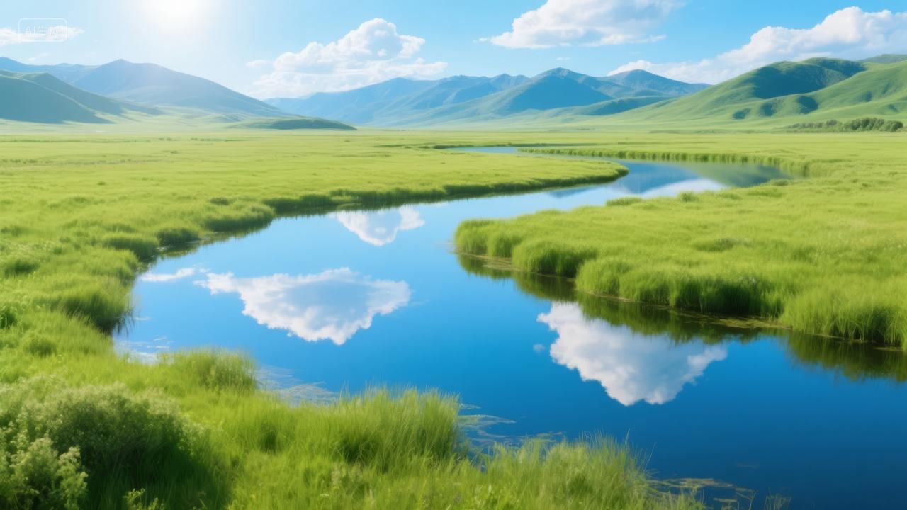 夏季草原河流湿地蓝天白云自然风光背景