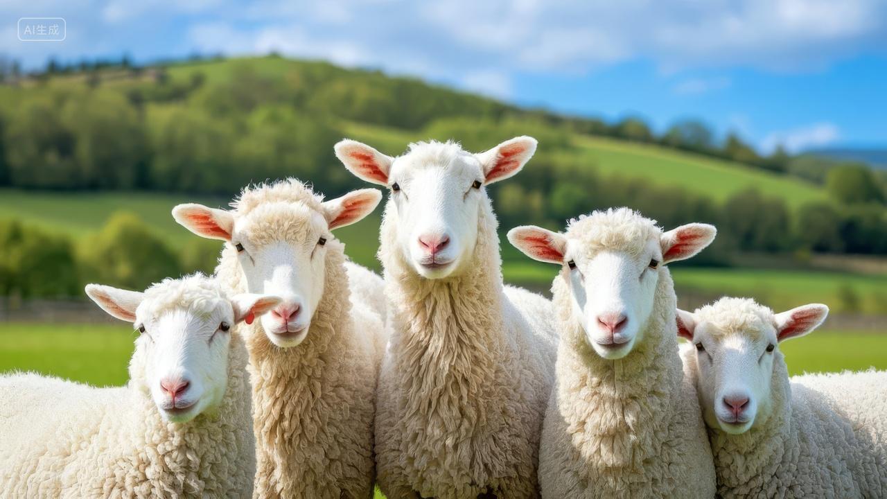 春季牧场羊群可爱动物草地蓝天自然背景