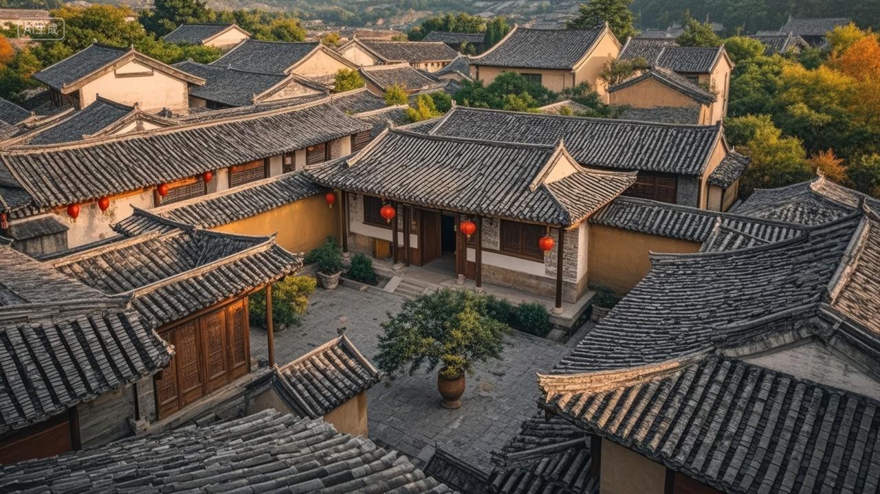 中式庭院古建筑夜景灯笼旅游文化背景图