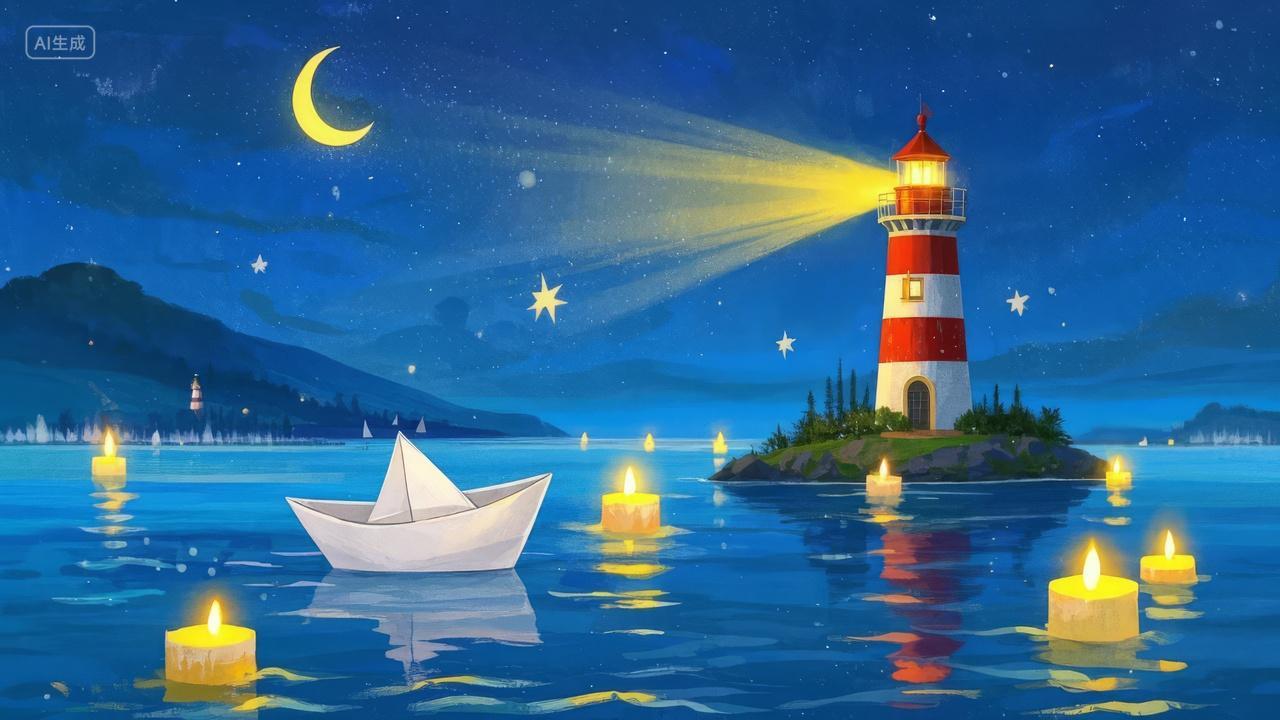 中秋节气灯塔纸船祈福夜晚指引方向插画