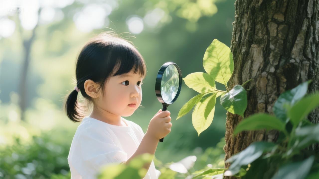 女孩夏季户外用放大镜观察自然探索教育