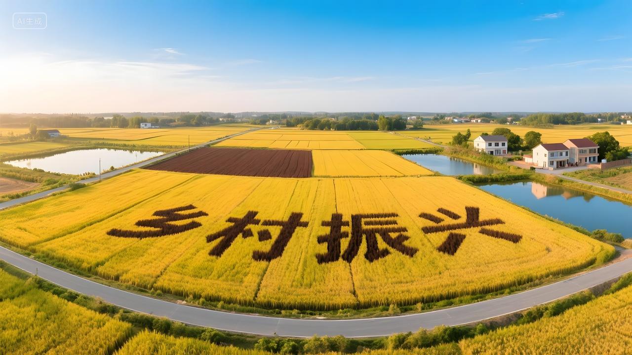 金色稻田镶嵌乡村振兴字样航拍图