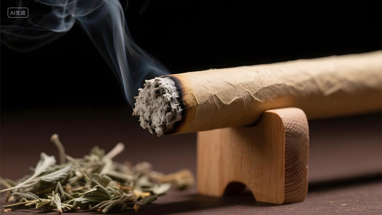 中医养生艾条燃烧特写图