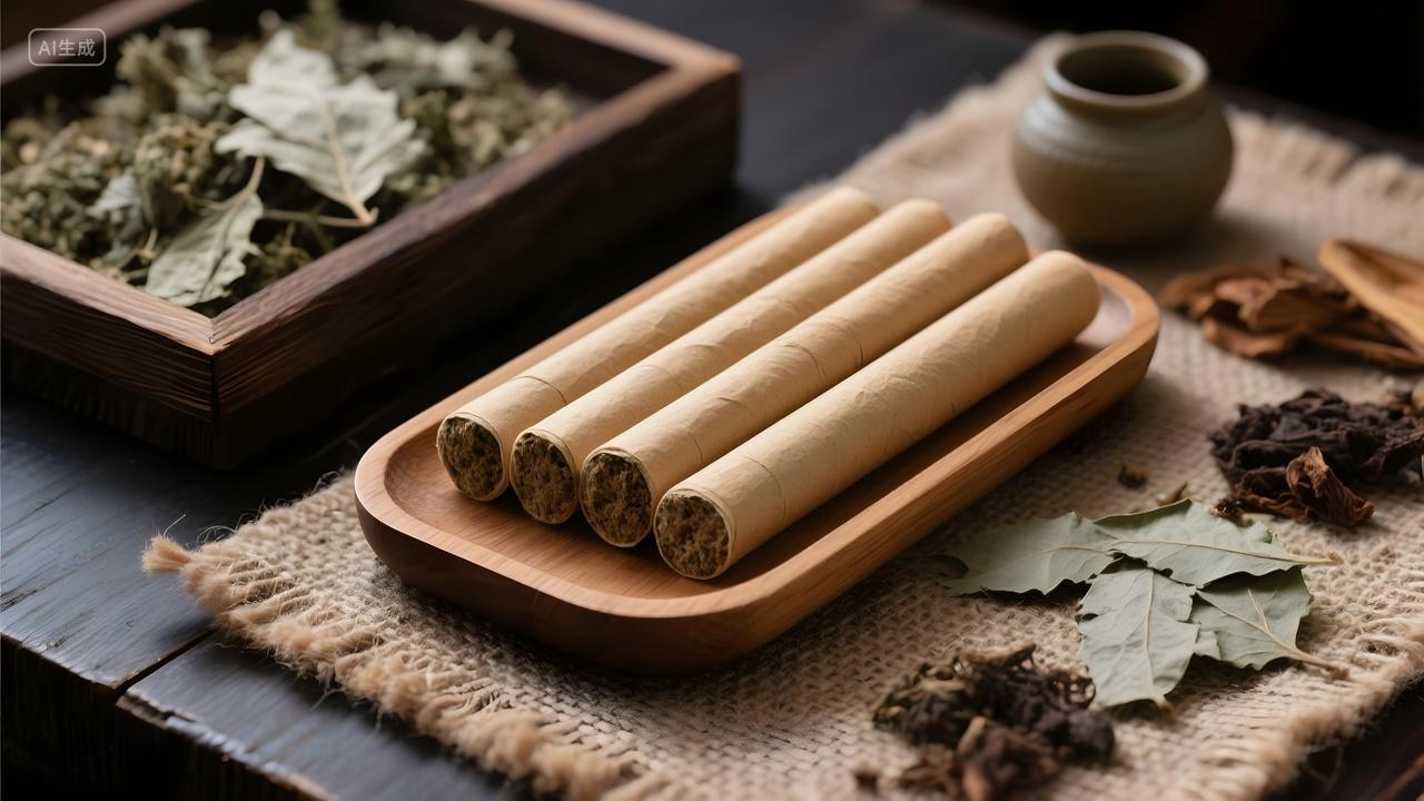 中医养生艾条与艾叶草本药材静物图