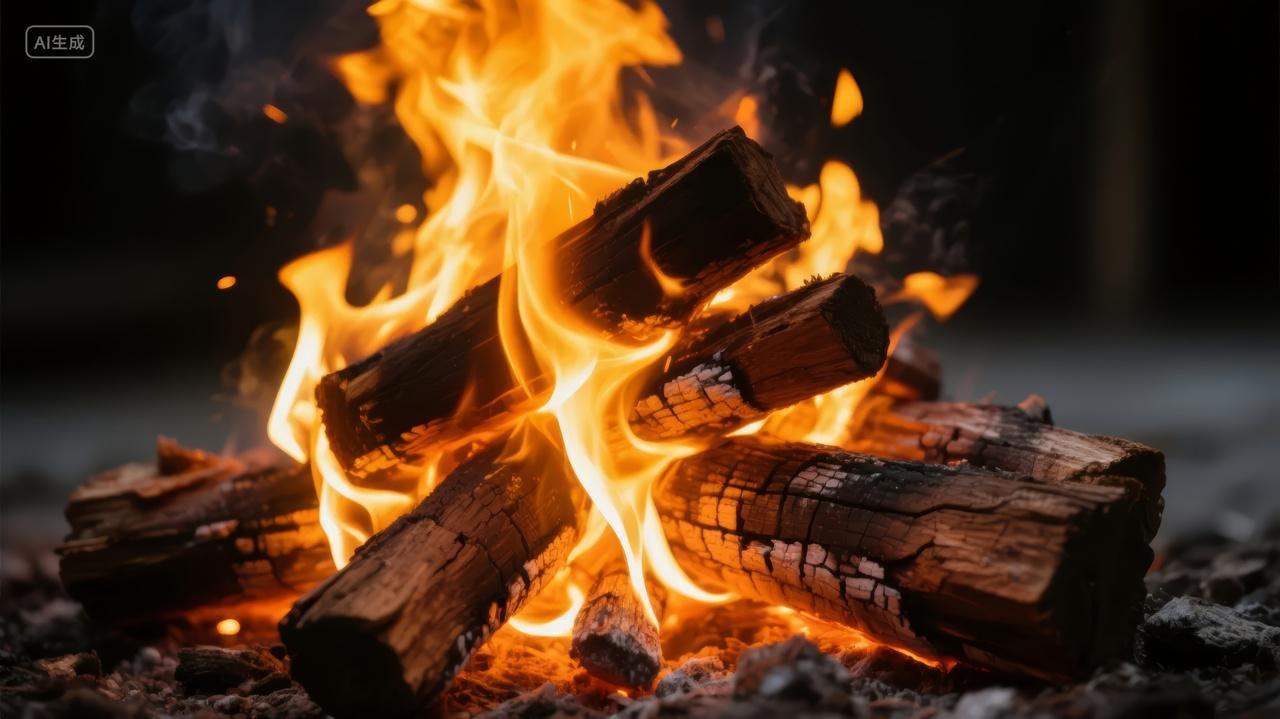 篝火晚会木柴燃烧火焰温暖露营户外背景