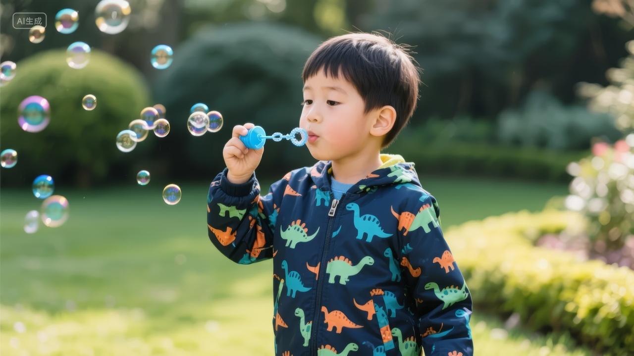 六一儿童节男孩吹泡泡草地户外玩耍背景