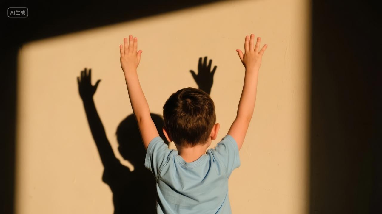 儿童节男孩墙边光影举手希望梦想背景图