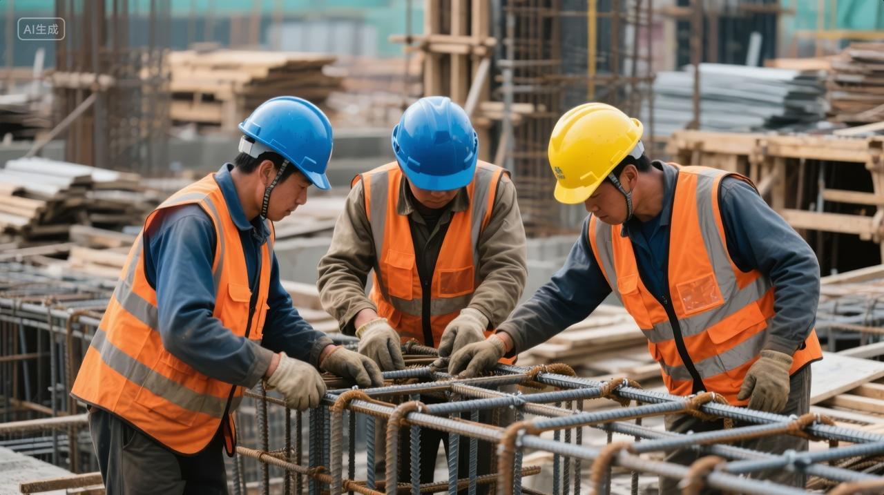 建筑工人团队合作施工现场钢筋绑扎背景