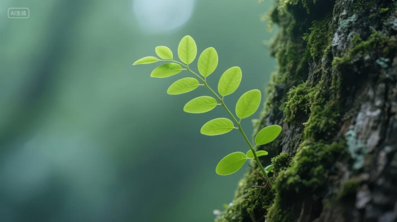 雨后绿叶嫩芽青苔生命力自然生态背景图