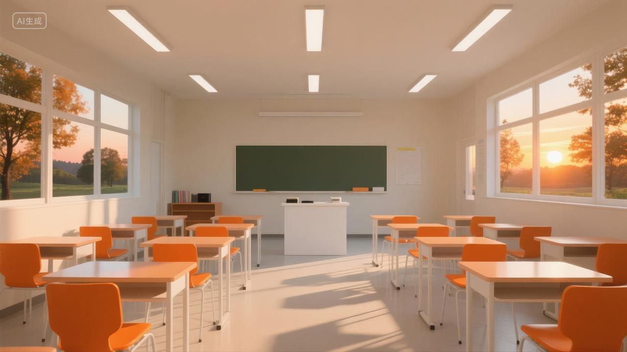 开学季空教室课桌椅阳光校园教育背景图