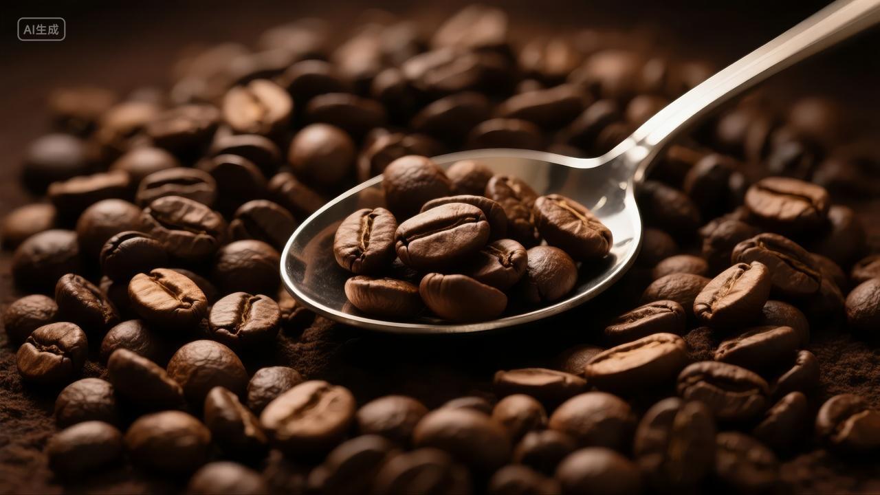 咖啡豆勺子特写饮品原料餐饮行业背景图
