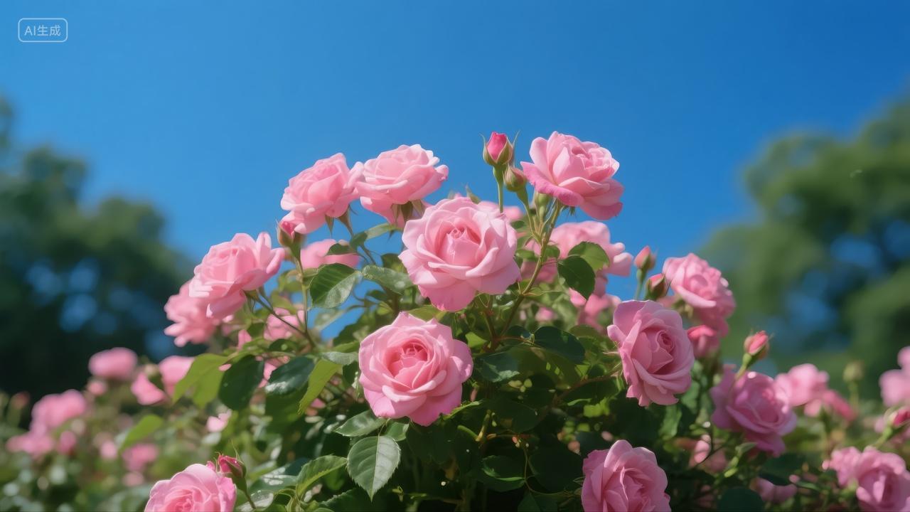春夏粉色玫瑰花丛盛开浪漫花园自然背景
