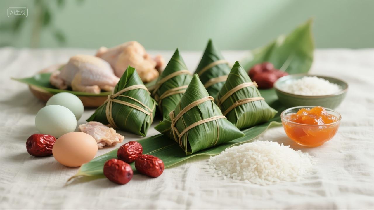 端午节粽子食材鸡肉鸡蛋传统美食文化背景