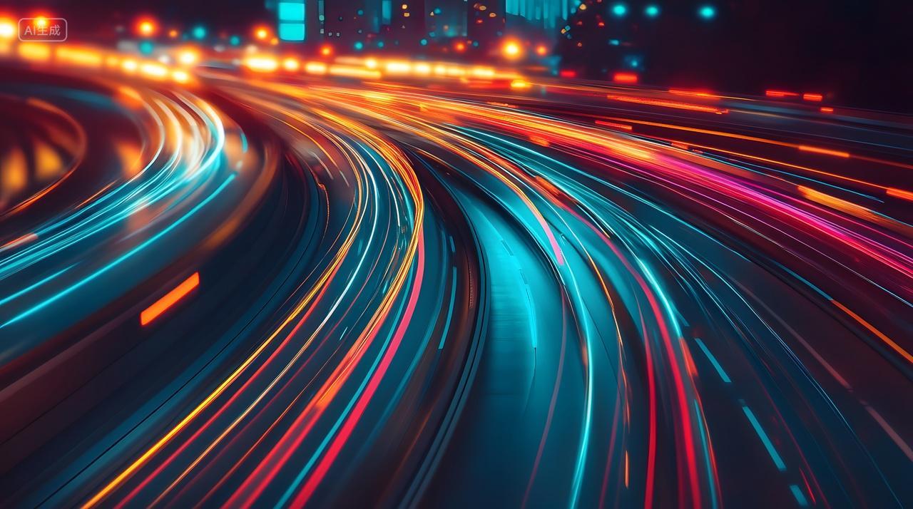 夜晚的城市高速公路上，车流如织，光影交错