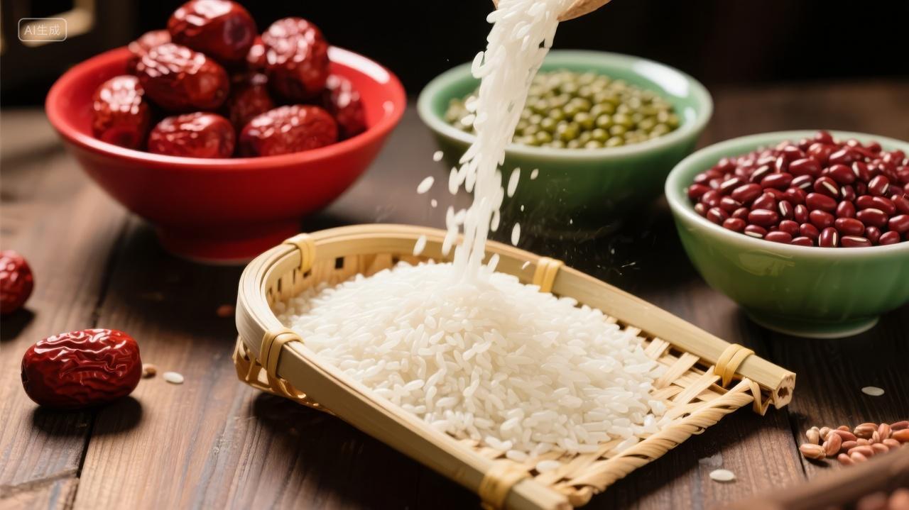 端午节包粽子食材红豆糯米传统美食背景