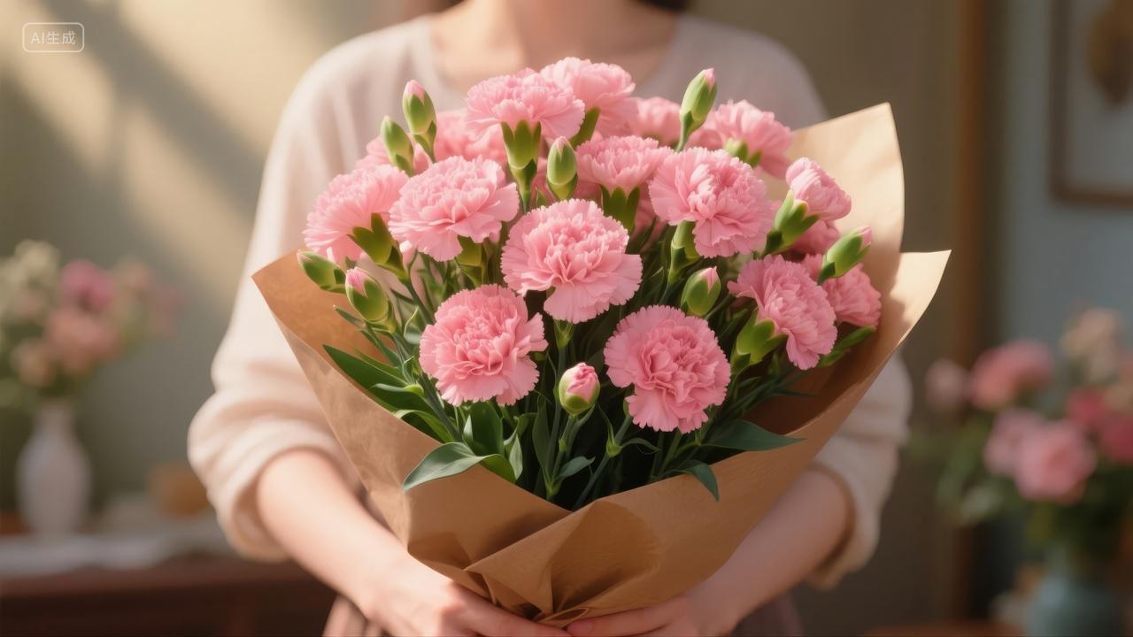 母亲节康乃馨鲜花礼物祝福温馨花束背景