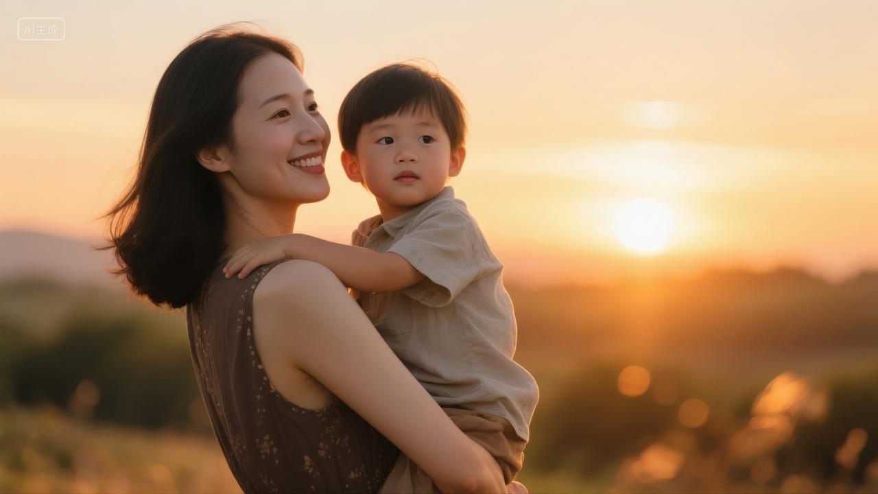 母亲节母子日落剪影温馨亲情家庭背景图