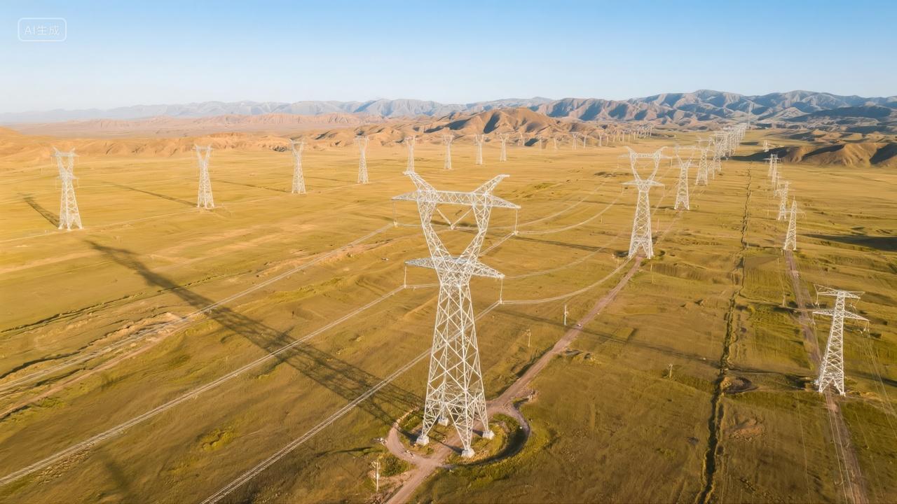 能源电力高压线铁塔田野航拍风景背景图