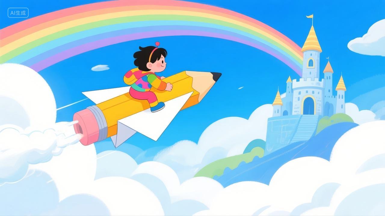 儿童节女孩铅笔火箭彩虹城堡梦想插画背景