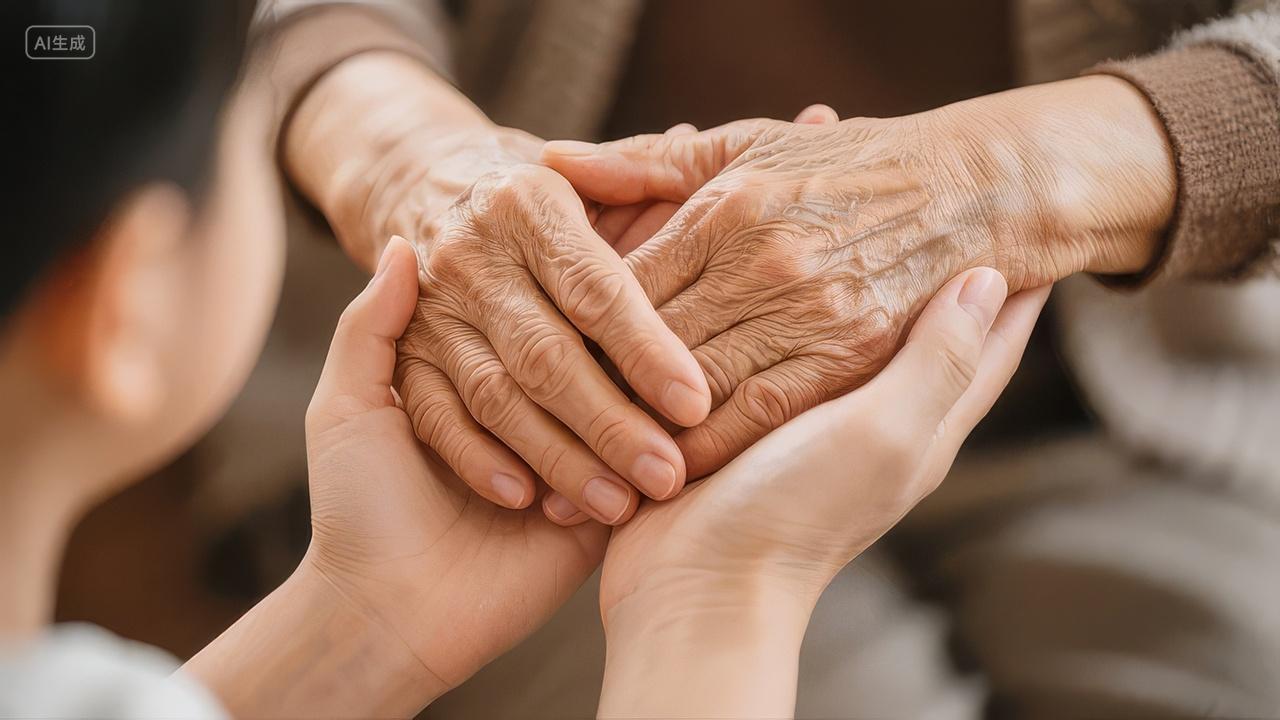 关爱老人手牵手家庭亲情温暖养老概念特写背景