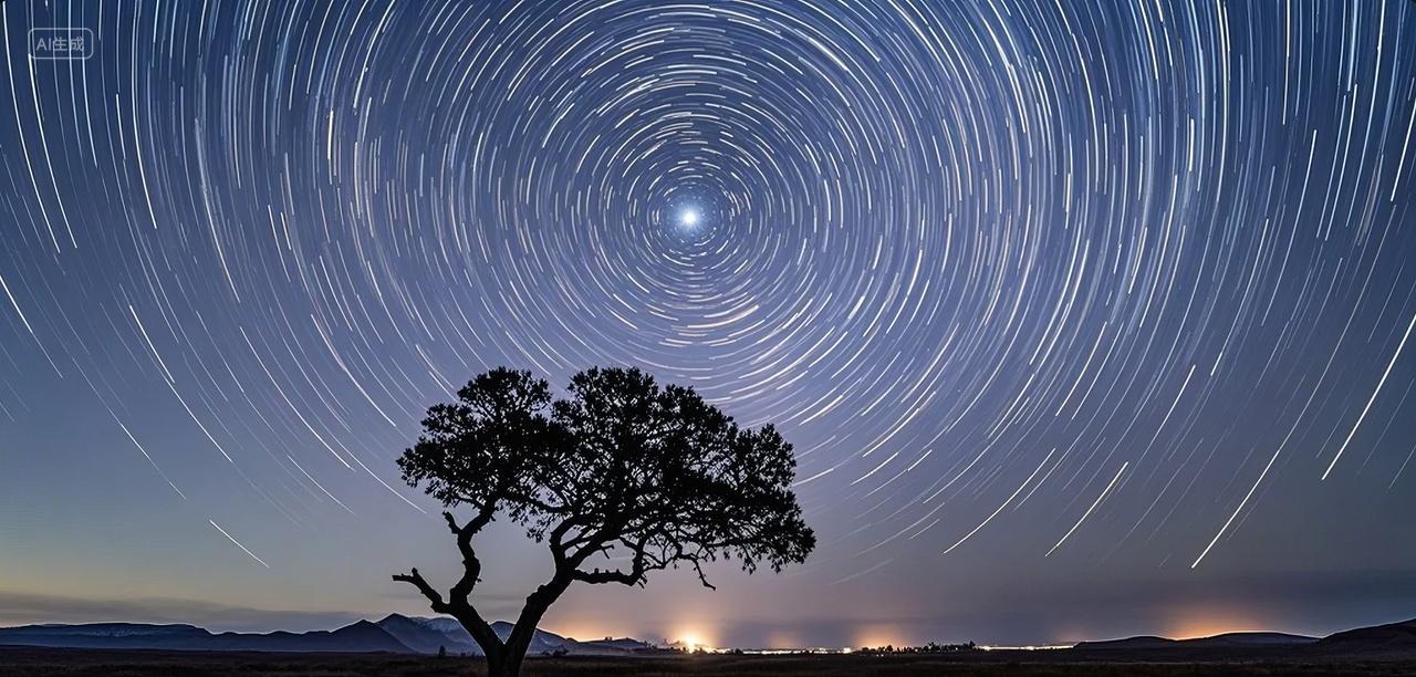 夜晚星轨旋转孤树剪影时间流逝自然背景