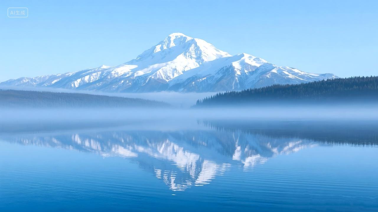 雪白朦胧远处雪山倒影唯美大自然摄影电脑背景壁纸