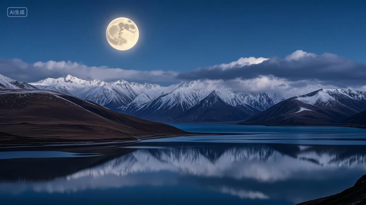 夜晚满月雪山湖泊倒影宁静自然风景背景