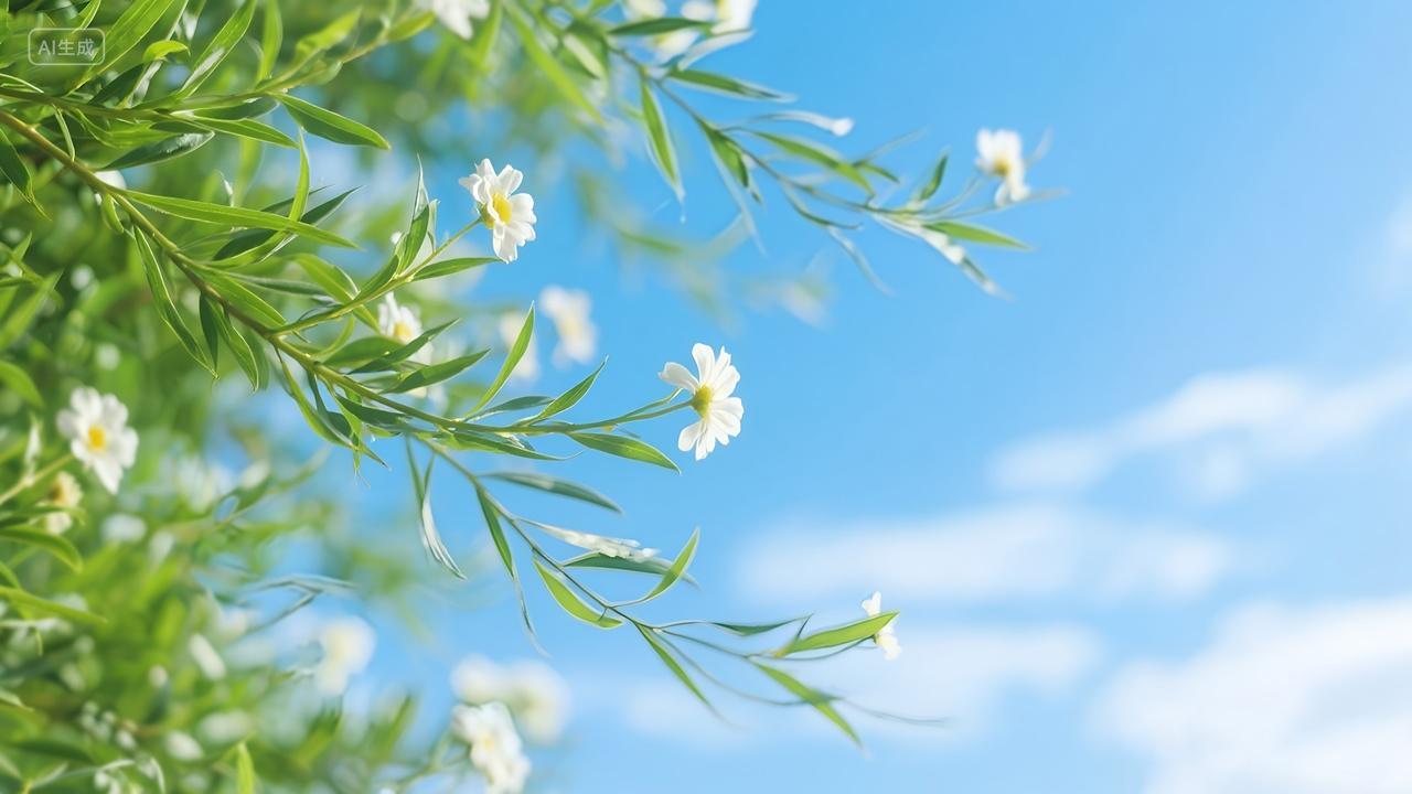 蓝天白云白色小花朵文艺清新夏天的图片